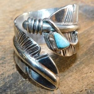 Fine Silver Wrap Bypass Feather Turquoise Ring